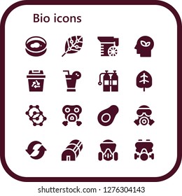  bio icon set. 16 filled bio icons. Simple modern icons about  - Petri dish, Renewable energy, Juice, Eco, Recycling, Oxigen, Leaf, Molecule, Gas mask, Avocado, Recycle, Greenhouse