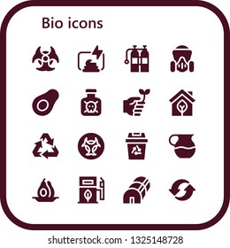 bio icon set. 16 filled bio icons.  Collection Of - Biohazard, Compost, Oxigen, Gas mask, Avocado, Toxic, Eco friendly, Eco, Recycling, Juice, Eco fuel, Greenhouse, Recycle