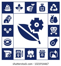 bio icon set. 17 filled bio icons.  Collection Of - Avocado, Greenhouse, Molecule, Leaf, Petri dish, Gas mask, Juice, Eco fuel, Eco friendly, Toxic, Recycling, Compost