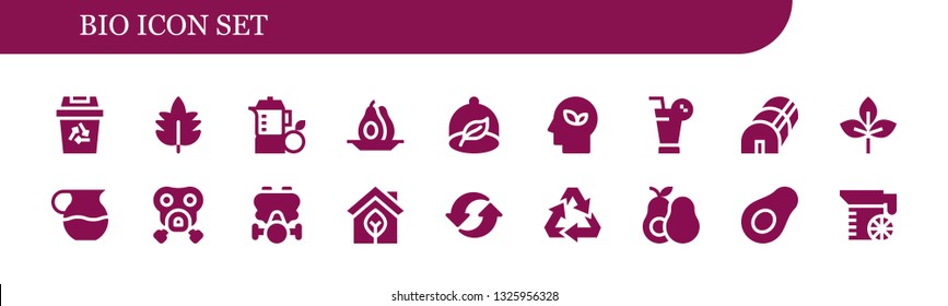 bio icon set. 18 filled bio icons.  Simple modern icons about  - Recycling, Leaf, Juice, Avocado, Ecologism, Eco, Greenhouse, Gas mask, Recycle