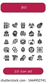bio icon set. 25 filled bio icons.  Collection Of - Eco fuel, Leaf, Recycling, Biohazard, Avocado, Gas mask, Eco, Ecologism, Juice, Renewable energy, Petri dish, Compost, Ecology