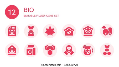 bio icon set. Collection of 12 filled bio icons included Recycled paper, Reuse, Marijuana, Eco house, Greenhouse, Juice, Molecule, Gas mask, Nature, Cherry