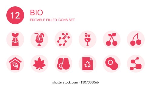 bio icon set. Collection of 12 filled bio icons included Reuse, Juice, Molecule, Cherry, Eco, Marijuana, Avocado, Recycle