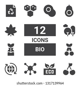 bio icon set. Collection of 12 filled bio icons included Cherry, Eco, Molecule, Reuse, Nature, Avocado, Marijuana, Recycle