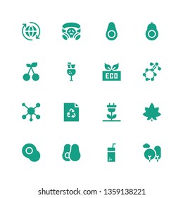 bio icon set. Collection of 16 filled bio icons included Nature, Juice, Avocado, Marijuana, Renewable energy, Recycle, Molecule, Eco, Cherry, Gas mask