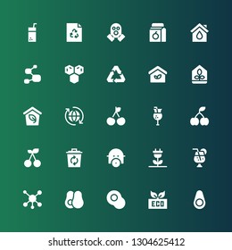 bio icon set. Collection of 25 filled bio icons included Avocado, Eco, Molecule, Juice, Renewable energy, Gas mask, Recycle, Cherry, Greenhouse, Eco house, Recycling