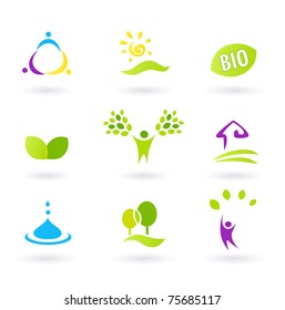 BIO icons inspired by people, farm life and nature. Vector illustration.