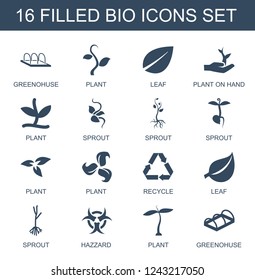 Bio Icons. Set Of 16 Filled Bio Icons Included Greenohuse, Plant, Leaf, Plant On Hand, Sprout, Recycle, Hazzard On . Editable Bio Icons For Web, Mobile And Infographics.