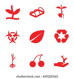 Bio icons set. set of 9 bio filled icons such as leaf, cherry, sprout, greenohuse, recycle, plant, plant on hand