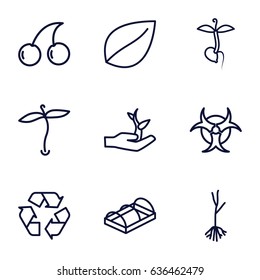 Bio icons set. set of 9 bio outline icons such as plant, leaf, cherry, sprout, greenohuse, recycle, plant on hand