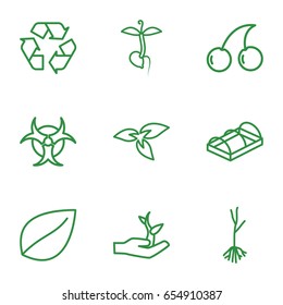 Bio icons set. set of 9 bio outline icons such as plant, leaf, cherry, sprout, greenohuse, recycle, plant on hand