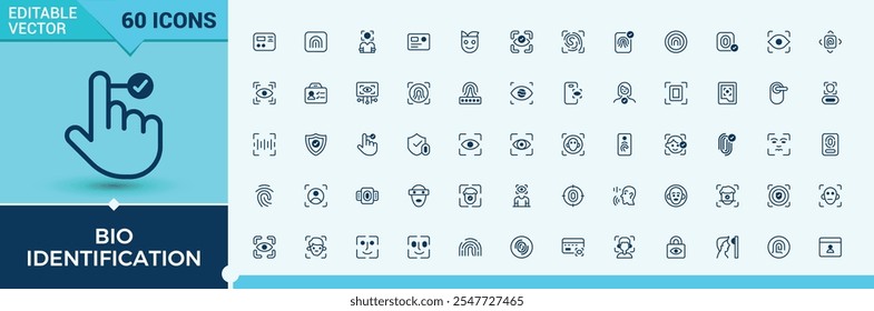 Conjunto de iconos de línea de Vector de Identificación bio. Incluye íconos para autorización, huellas dactilares, Identificación, identidad, detección y más. Diseños de iconos simples. Ilustración vectorial.