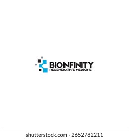 Bio Infinity logo in blue and black, white background and with technology icon