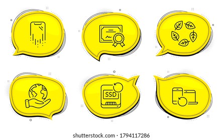 Bio ingredients, Backup info, Backup data. Diploma certificate, save planet chat bubbles. Organic tested, Recovery ssd and Recovery devices line icons set. Phone repair. Business set. Vector