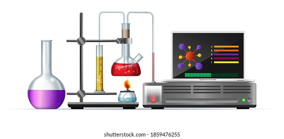 Bio lab experiment. Reagents, biologics and chemical instruments cartoon vector illustration, science experience and discovery laboratory research theme