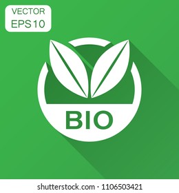Bio label badge vector icon in flat style. Eco organic product stamp illustration with long shadow. Eco natural food concept.