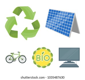 Bio label, eco bike, solar panel, recycling sign.Bio and ecology set collection icons in cartoon style vector symbol stock illustration web.