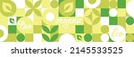 Bio label for ecological social projects, seamless pattern for green flowers eco packaging. Banner in natural style, mosaic of geometric white shapes.