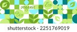 Bio label for ecological social projects, seamless pattern for green flowers eco packaging. Banner in natural style, mosaic of geometric white shapes.