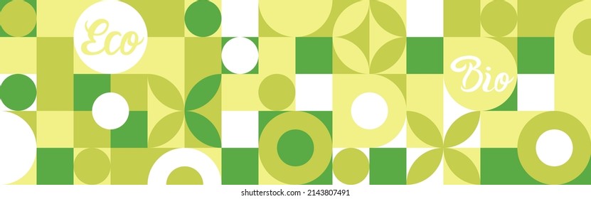 Biozeichen für ökologische Sozialprojekte, nahtloses Muster für Öko-Verpackungen für grüne Blumen. Banner im natürlichen Stil, Mosaik der geometrischen weißen Formen.