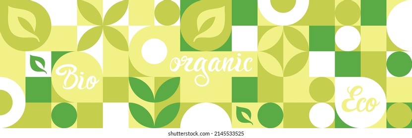 Bio label for ecological social projects, seamless pattern for green flowers eco packaging. Banner in natural style, mosaic of geometric white shapes. - Shutterstock ID 2145533525