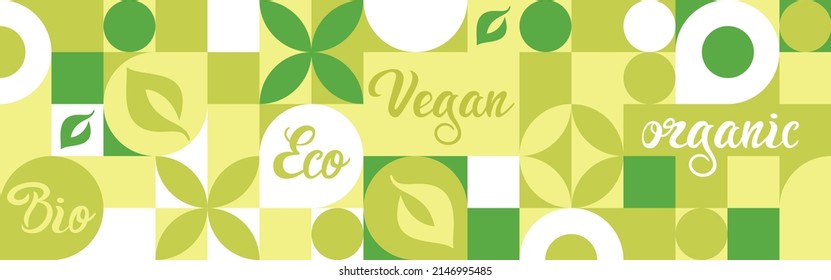Bio label for ecological social projects, seamless pattern for eco packaging with green flowers. Natural style banner, mosaic of geometric white shapes, organic background for vegans.