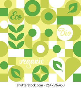 Bio label for ecological social projects, seamless pattern for green flowers eco packaging. Banner in natural style, mosaic of geometric white shapes.