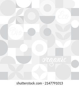 Etiqueta de biografía para proyectos sociales ecológicos, patrón sin fisuras para empaque ecológico con flores grises. Banner de estilo natural, mosaico de formas geométricas blancas, fondo orgánico para los veganos.