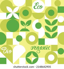 Bio label for ecological social projects, seamless pattern for green flowers eco packaging. Banner in natural style, mosaic of geometric white shapes.