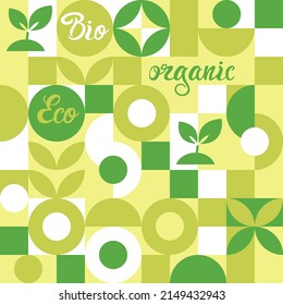 Bio label for ecological social projects, seamless pattern for green flowers eco packaging. Banner in natural style, mosaic of geometric white shapes.