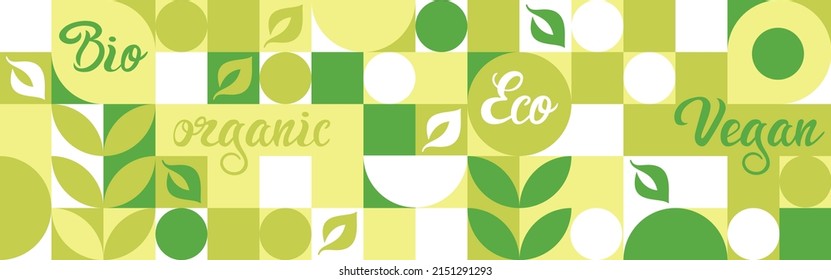Bio label for ecological social projects, seamless pattern for eco packaging with green flowers. Natural style banner, mosaic of geometric white shapes, organic background for vegans.