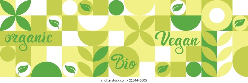 Etiqueta de biografía para proyectos sociales ecológicos, patrón sin fisuras para empaque ecológico con flores verdes. Banner de estilo natural, mosaico de formas geométricas blancas, fondo orgánico para los veganos.