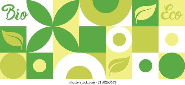 Etiqueta de bio para proyectos sociales ecológicos, patrón sin fisuras para el empaque ecológico de flores verdes. Banner de estilo natural, mosaico de formas geométricas blancas.