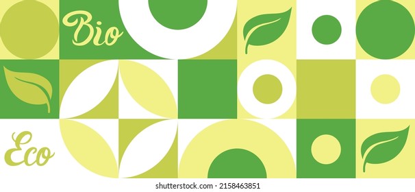 Etiqueta de bio para proyectos sociales ecológicos, patrón sin fisuras para el empaque ecológico de flores verdes. Banner de estilo natural, mosaico de formas geométricas blancas.