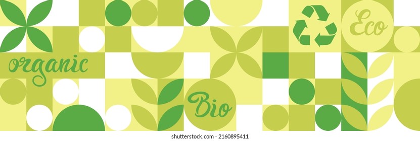 Etiqueta de bio para proyectos sociales ecológicos, patrón sin fisuras para el empaque ecológico de flores verdes. Banner de estilo natural, mosaico de formas geométricas blancas.