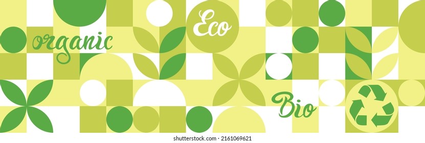 Bio label for ecological social projects, seamless pattern for eco packaging with green flowers. Natural style banner, mosaic of geometric white shapes, organic background for vegans.