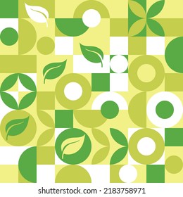 Bio label for ecological social projects, seamless pattern for green flowers eco packaging. Banner in natural style, mosaic of geometric white shapes.