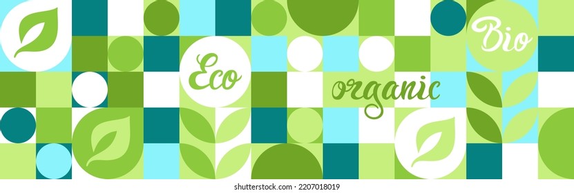 Bio label for ecological social projects, seamless pattern for green flowers eco packaging. Banner in natural style, mosaic of geometric white shapes.