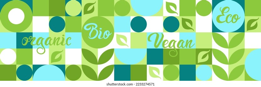 Bio label for ecological social projects, seamless pattern for green flowers eco packaging. Banner in natural style, mosaic of geometric white shapes.