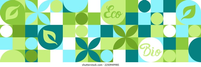 Bio label for ecological social projects, seamless pattern for green flowers eco packaging. Banner in natural style, mosaic of geometric white shapes.
