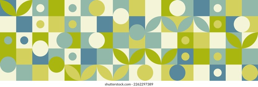 Bio label for ecological social projects, seamless pattern for green flowers eco packaging. Banner in natural style, mosaic of geometric white shapes.