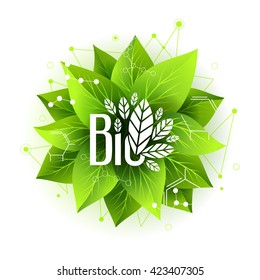 Bio label. Vector badge with green leaves and abstract design elements. Sticker for organic, natural, healthy products