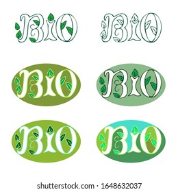 BIO label in vintage Art Deco style. Sticker for natural products and organic food and beverages. Hand-drawn logo templates. Vector illustration of the fresh food farm concept.