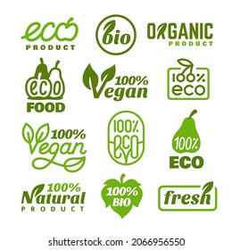 Bio labels set. Eco fresh tag with leaf, organic badges. Nature food emblems, ecology promotion products stickers. Green tidy vector symbols