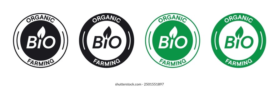 Conjunto de Vector de etiquetas biológicas. Iconos de sello de alimentos bio negro y verde. Colección de símbolos de agricultura orgánica aislada. Diseño de insignias de embalaje, Ilustración vectorial.