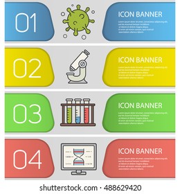 Bio laboratory banner templates set. Easy to edit. Virus cell, lab test tubes, microscope, dna research. Website menu items. Color web banner. Vector headers design concepts