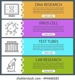 Bio laboratory banner templates set. Easy to edit. Virus cell, lab test tubes, microscope, dna research. Website menu items. Color web banner. Vector headers design concepts