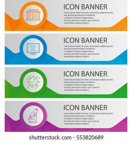 Bio laboratory banner templates set. Virus cell, lab test tubes, microscope, dna research website menu items with linear icons. Color polygonal web banner concepts. Vector backgrounds