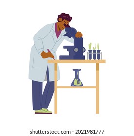 Bio laboratory worker watching microscope on growing plants, flat vector illustration isolated on white background. Biotechnology for agriculture and farm.