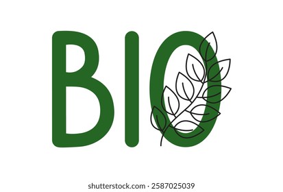 Bio lettering with leaves branch eco-friendly green concept hand drawn typography illustration, environmental healthy food outline image for food packaging, product tags, logo labels